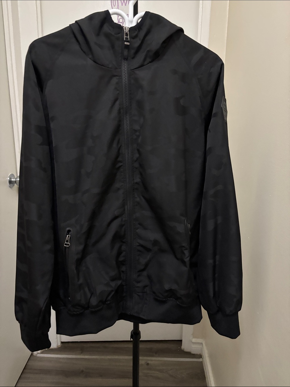 Men's Black Hooded Windbreaker Jacket with Subtle Camo